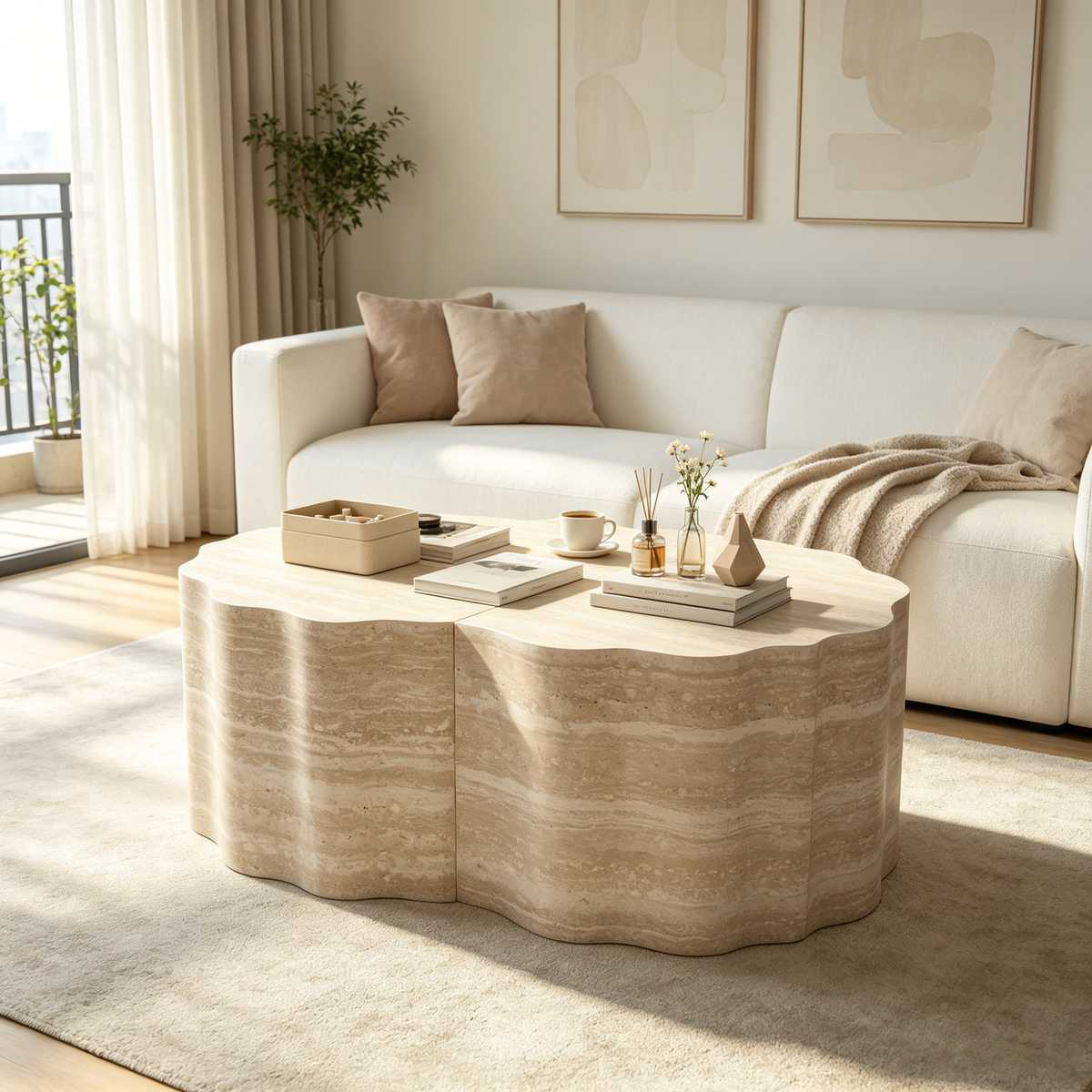 Living room with beige sofa, plush pillows, and a marble side table with a textured pattern, decorated with a vase and books