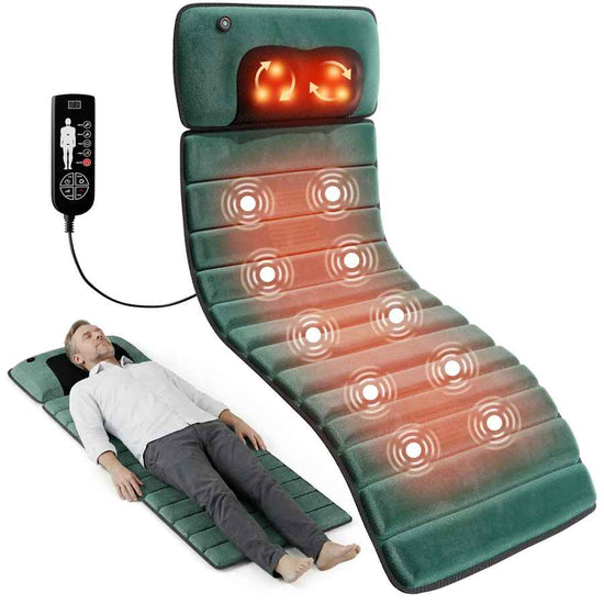 Full-body massage mat with heat, featuring 10 vibrating motors, a detachable neck massager, and adjustable heat settings, in green color.