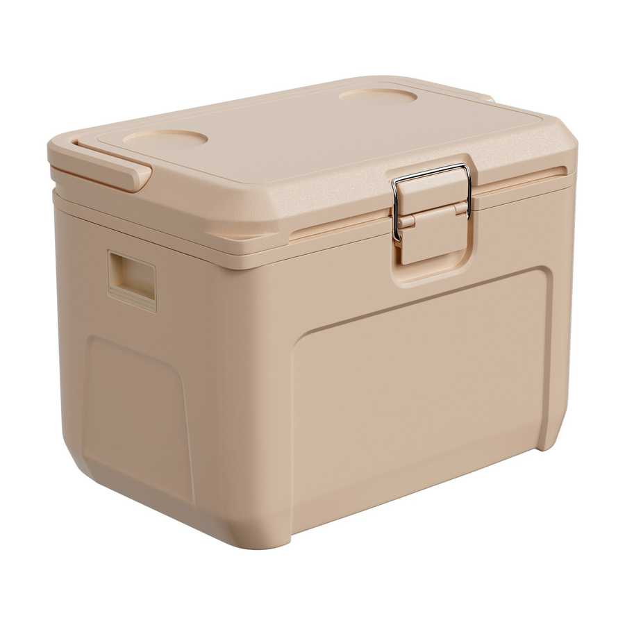 Beige storage box with a lid on a white background