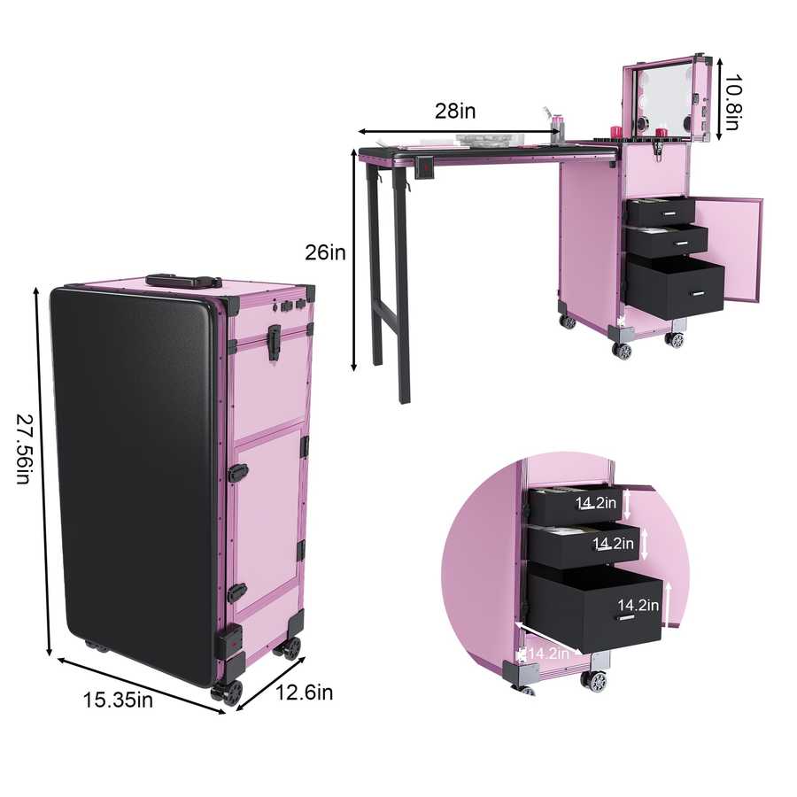 Pink nail art table with wheels and adjustable height
