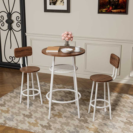 3-Piece Bar Table Set with 2 Bar Stools featuring a round wood tabletop and white metal frame, ideal for modern dining spaces.