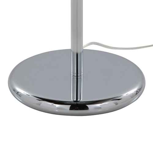 Close-up of a polished chrome lamp base and central pole on a white background, with a white cord visible.