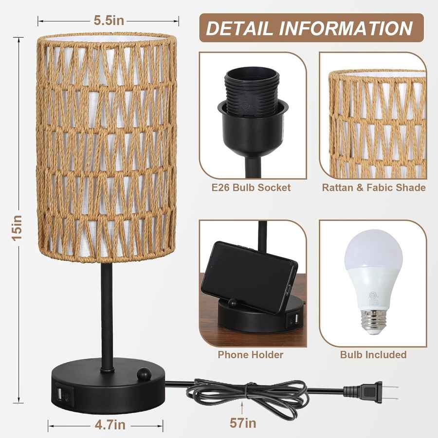 Table lamp with rattan shade, bulb holder, phone holder, and bulb included, with detailed measurements and features.