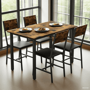 Modern dining room setup with 5 Piece Metal Wood Dining Table Set for 4, featuring rustic wood finish and black metal legs.