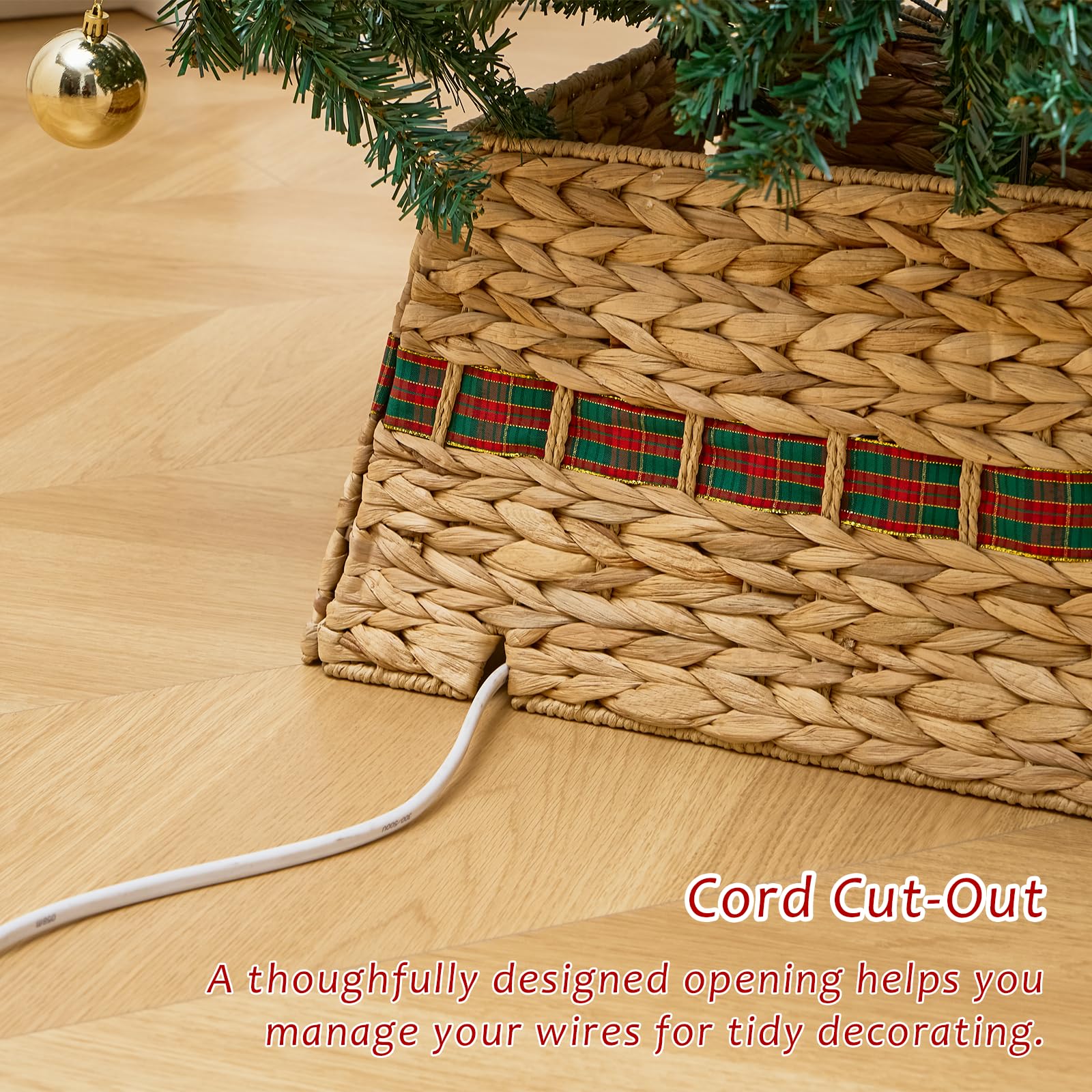 Close-up of cord cut-out in handwoven Christmas tree skirt, designed for neat wire management and tidy holiday decorating.