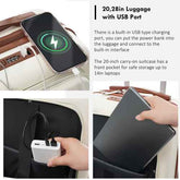 Three-panel product demonstration showing a compact power bank plugged into a beige carry-on suitcase with multiple USB ports. Text on the right explains the 20x28in luggage size and USB port feature.