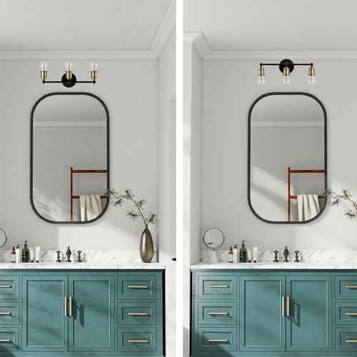 A split-screen view of a modern bathroom vanity setup, showing a teal blue cabinet with gold handles, a white marble countertop, and a black-framed oval mirror mounted on a white wall under a black wall sconce.