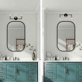 A split-screen view of a modern bathroom vanity setup, showing a teal blue cabinet with gold handles, a white marble countertop, and a black-framed oval mirror mounted on a white wall under a black wall sconce.