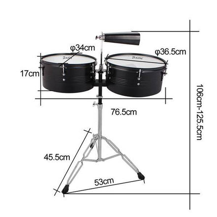 Percussion 13" & 14" Timbales Drum Set with Stand and Cowbell Black
