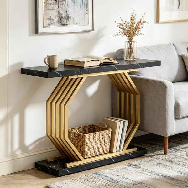 A modern hexagonal console table with a black marble-look top and base, and a gold-toned geometric slatted frame, styled in a living room next to a gray sofa.