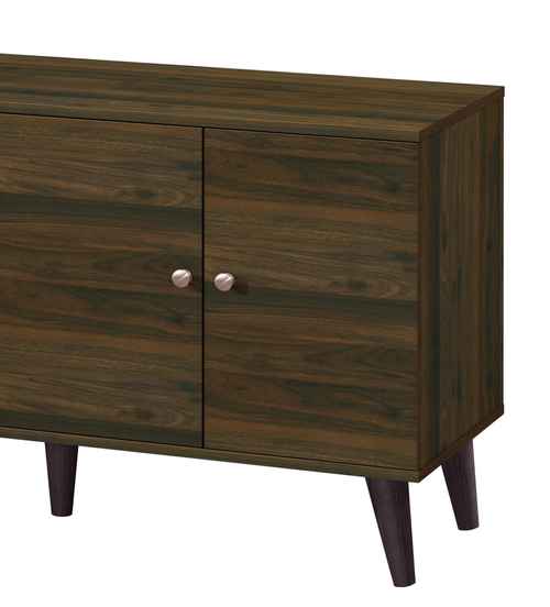 Close-up of the dark wood finish and rounded metal knobs on the cabinet doors of the modern TV stand with angled legs.