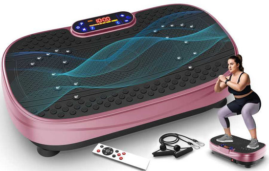 Pink and black vibration plate with digital display and remote control on a white background