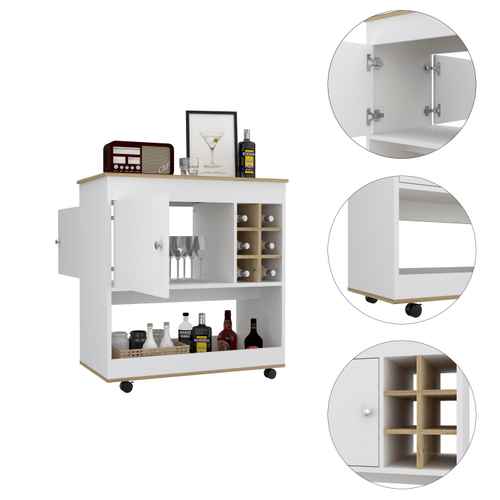 White bar cart with wooden top and shelves, featuring bottles and glasses.