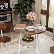 Close-up of 3-piece bar table set with wood tabletop, white frame, and under-table mesh shelf, perfect for compact kitchens or breakfast nooks.