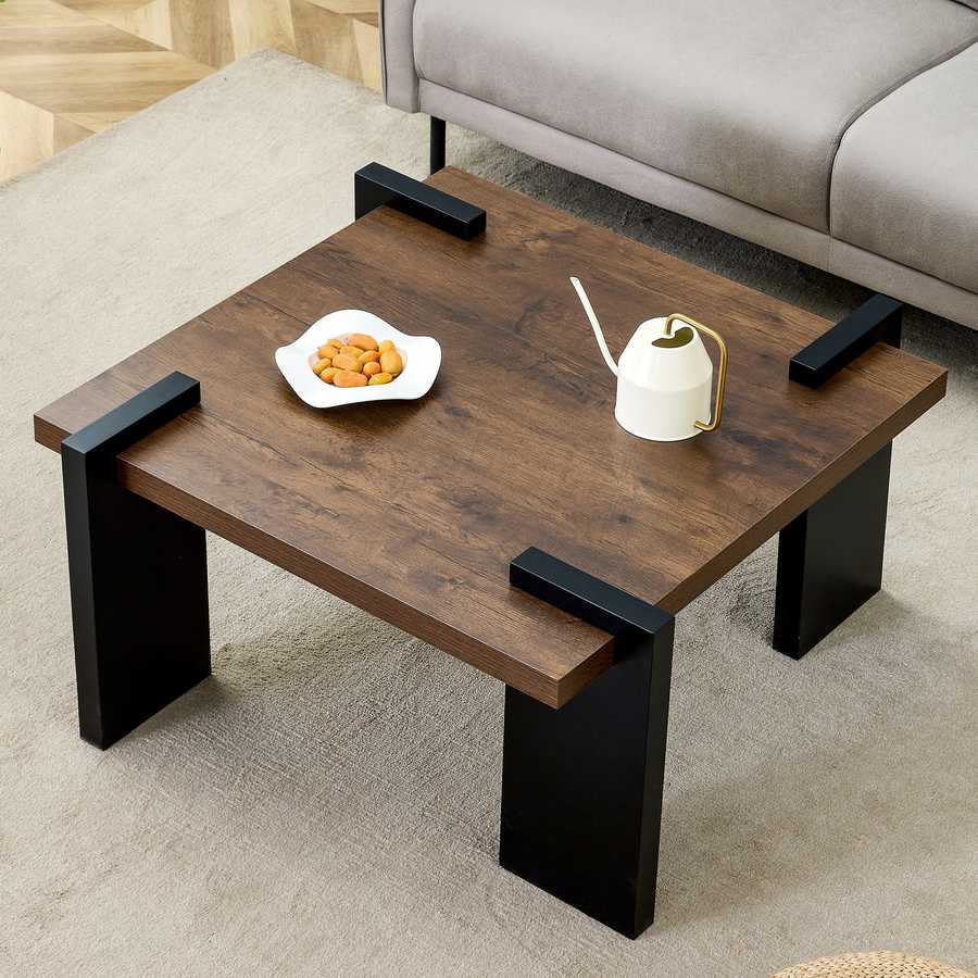 Modern Minimalist Walnut MDF Coffee Table styled in a living room with snacks and kettle, highlighting its elegant wood finish.