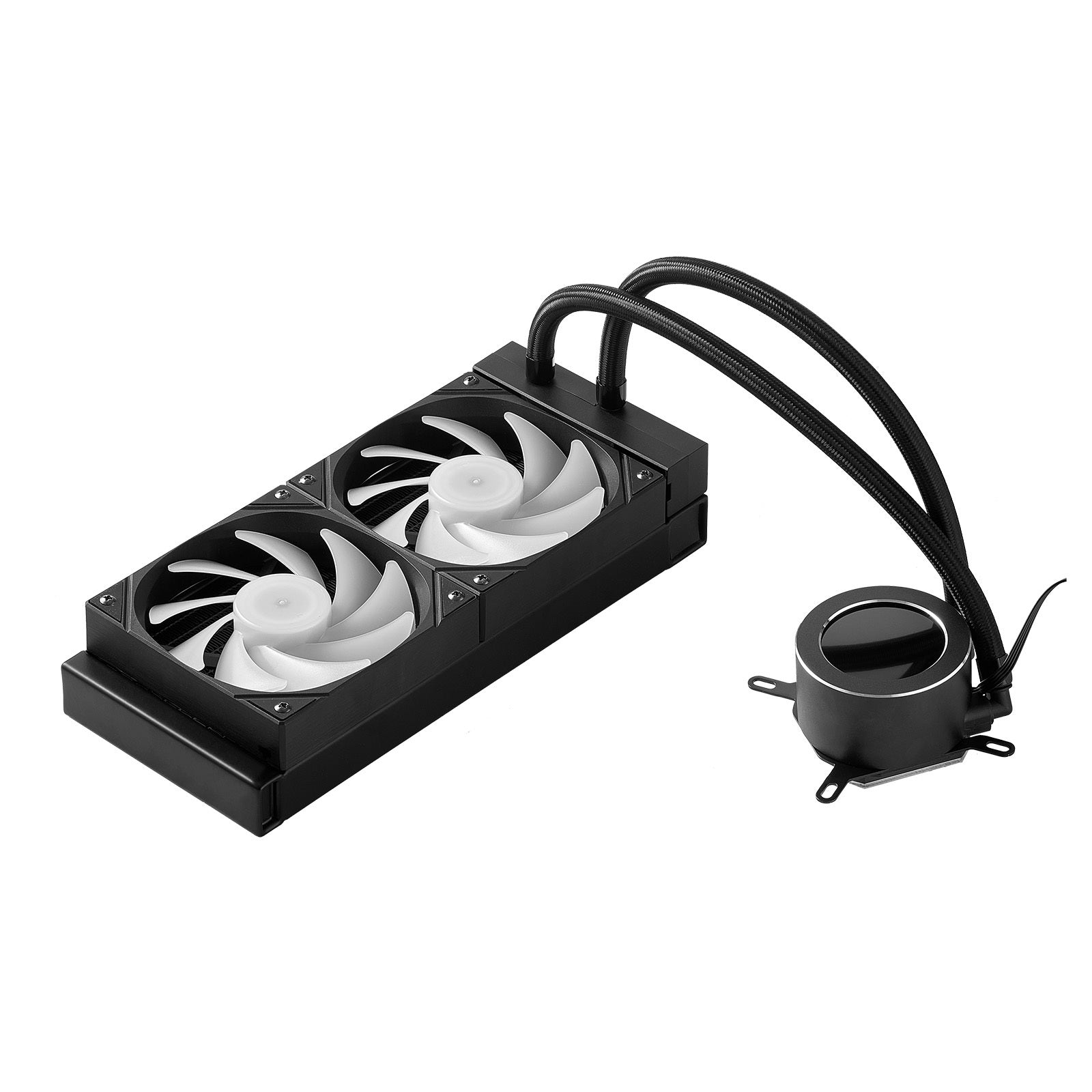 Computer cooling system with three fans and a reservoir on a white background