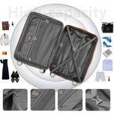 Open suitcase with labeled compartments and close-up details on a white background