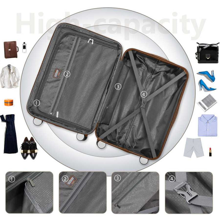 Open suitcase with labeled compartments and close-up details on a white background