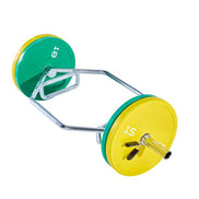 Barbell with green and yellow weight plates on a white background
