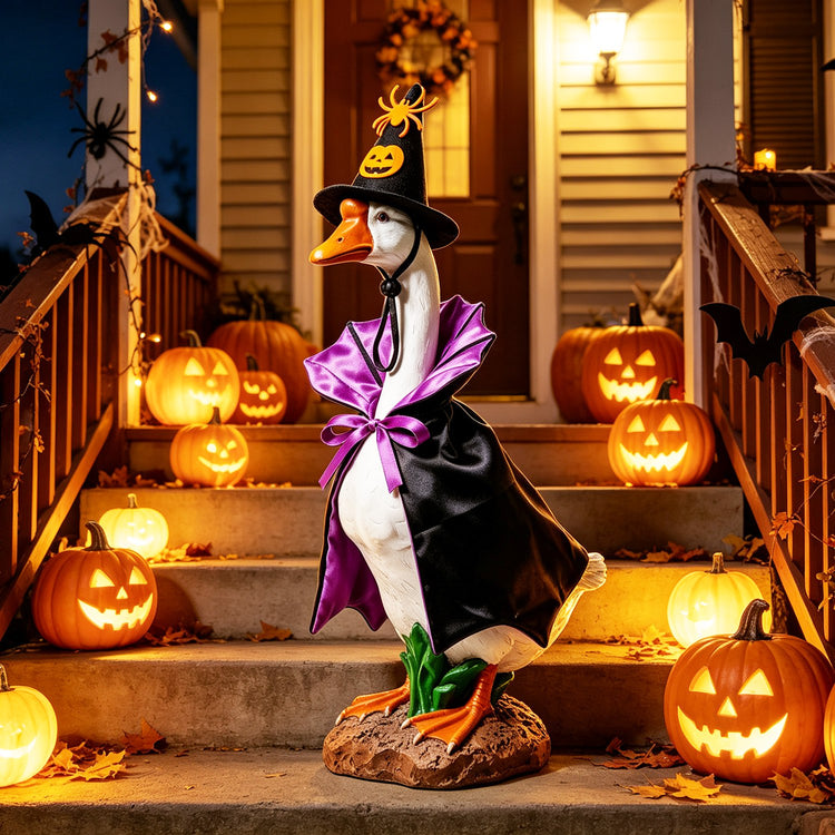 A decorative goose figurine dressed as a witch stands on a front porch staircase decorated with glowing jack-o&
