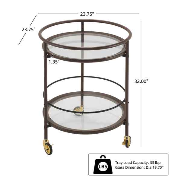 Round metal serving cart with glass shelves and dimensions on a white background