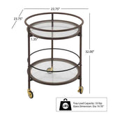 Round metal serving cart with glass shelves and dimensions on a white background