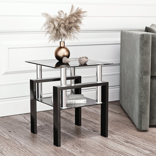 1-Piece Modern Tempered Glass Tea Table Coffee Table End Table, Square Table for Living Room, Black MLNshops