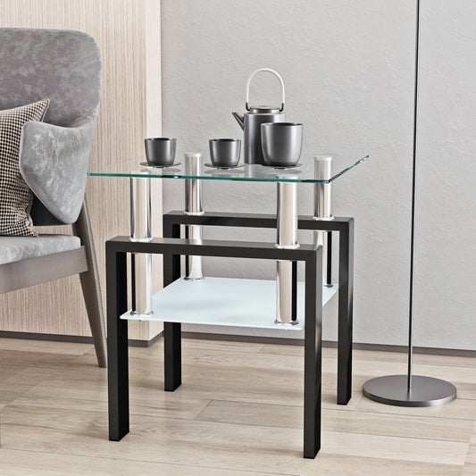 1-Piece Modern Tempered Glass Tea Table Coffee Table End Table, Square Table for Living Room, Transparent/Black MLNshops