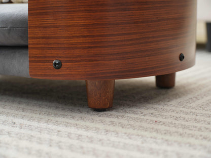 Close-up of solid wood leg and curved frame detailing on Scandinavian Elevated Dog Bed, showcasing premium craftsmanship.