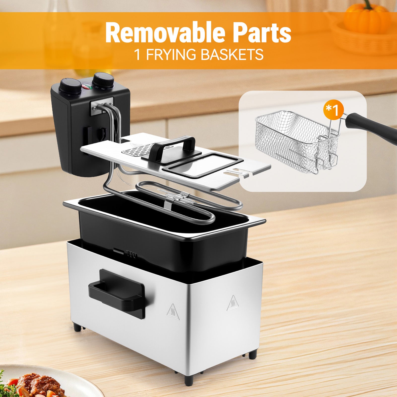 3L Deep Fryer with Basket, 1700W Electric Deep Fryer with Time & Temperature Control for Home Use, Removable Basket, Lid with View Window and Odor Free Filter, Stainless Steel, Dishwasher Safe