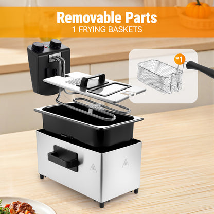 3L Deep Fryer with Basket, 1700W Electric Deep Fryer with Time & Temperature Control for Home Use, Removable Basket, Lid with View Window and Odor Free Filter, Stainless Steel, Dishwasher Safe