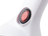 Close-up of a white device with a circular red power switch button featuring a white power symbol.