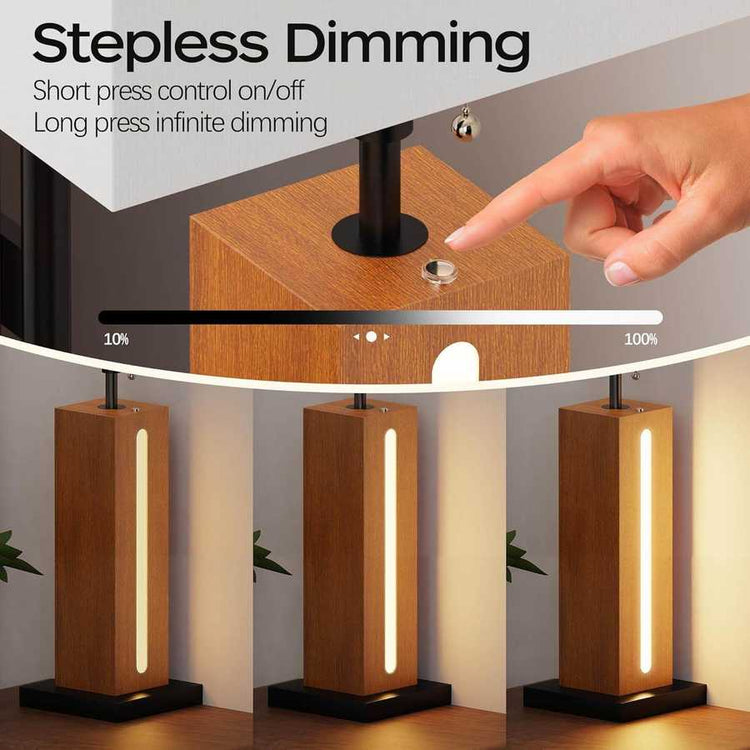 Table Lamps Set Of 2, Modern Dimmable Bedside Lamp With LED Nightlight, Rustic Farmhouse Square Wood Grain Nightstand Lamps With Linen Shades For Living Room Bedroom End Table