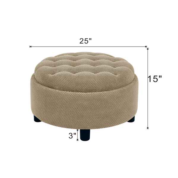 Beige ottoman with dimensions labeled on a white background