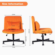 Detailed size chart of the Orange Velvet Office Chair showing seat width, height range, and backrest dimensions for ergonomic fit.