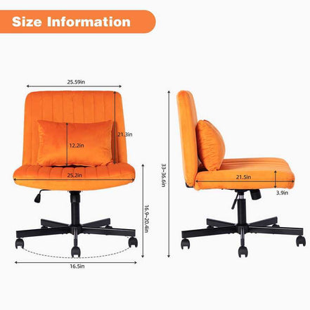 Detailed size chart of the Orange Velvet Office Chair showing seat width, height range, and backrest dimensions for ergonomic fit.