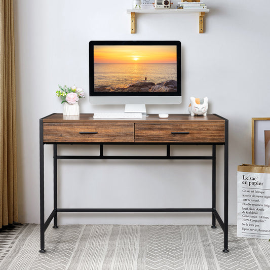 106*50*75cm Retro Wood Table Top Black Steel Frame Particle Board Two Drawers Computer Desk Can Be Used For Study Desk MLNshops