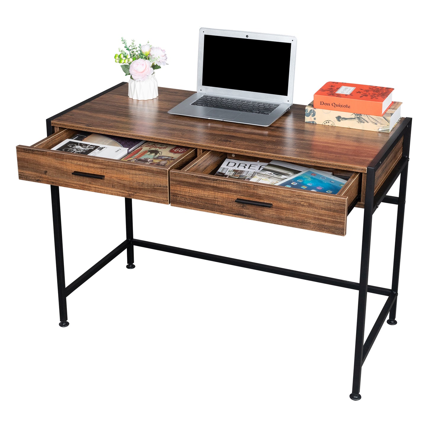 106*50*75cm Retro Wood Table Top Black Steel Frame Particle Board Two Drawers Computer Desk Can Be Used For Study Desk MLNshops