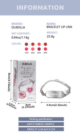 Product information graphic for the Olibolla Bracelet Lip Link, showing the product box, a silver chain bracelet with an engraved oval plate, color swatches, dimensions, and packaging details on a white background with a blue-gray header.