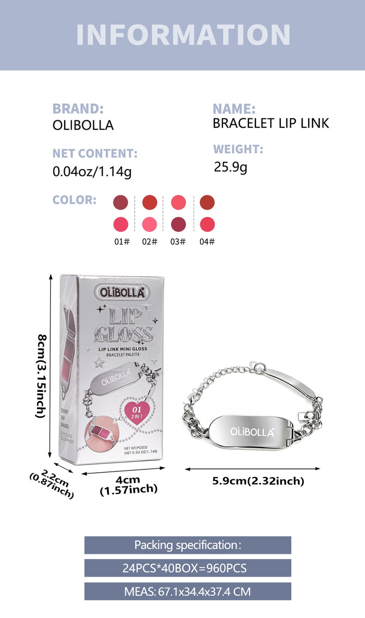 Product information graphic for the Olibolla Bracelet Lip Link, showing the product box, a silver chain bracelet with an engraved oval plate, color swatches, dimensions, and packaging details on a white background with a blue-gray header.