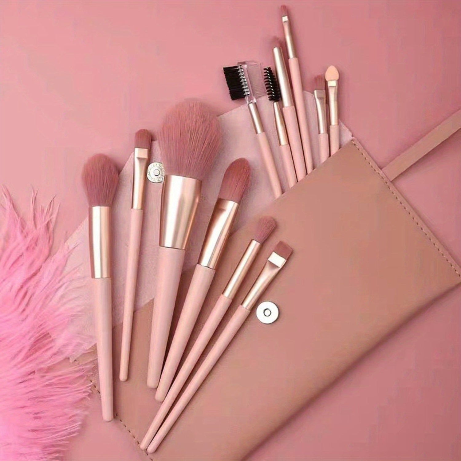 Beginner makeup brush set with pink pouch, featuring powder, eyeshadow, and brow brushes for a complete cosmetic tool kit.