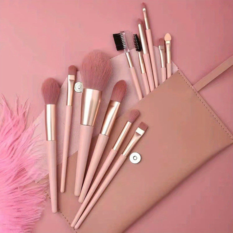 Beginner makeup brush set with pink pouch, featuring powder, eyeshadow, and brow brushes for a complete cosmetic tool kit.