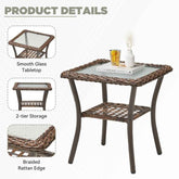 Wicker side table with glass top, 2-tier storage, and braided rattan edge on a white background.