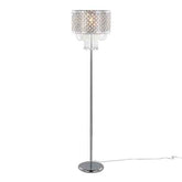 A modern floor lamp with a slim silver metal stand, a round base, and a patterned drum shade with hanging clear crystal-like accents, shown on a white background with a visible power cord.