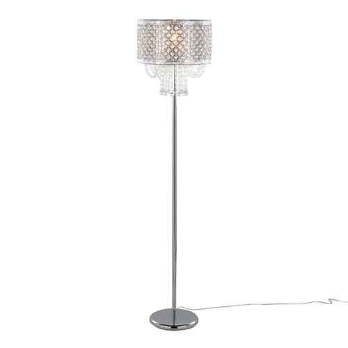 A modern floor lamp with a slim silver metal stand, a round base, and a patterned drum shade with hanging clear crystal-like accents, shown on a white background with a visible power cord.