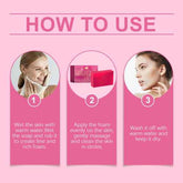 Instructions on how to use a facial cleanser with step-by-step guide on a pink background