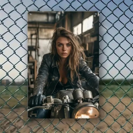 CIFbuy Vintage Motorcycle Aluminum Sign featuring a woman on a classic bike, mounted on a chain-link fence. Ideal for garage or cafe wall decor.