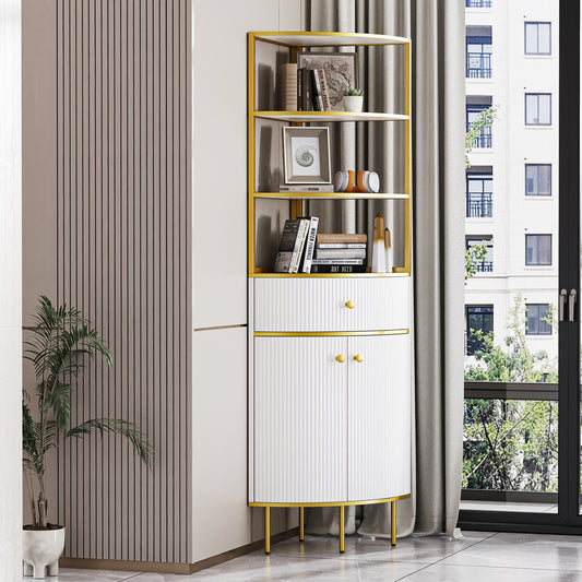 74.8" Tall Modern Corner Bookshelf,Fan-Shaped bookcase with 1 Drawer and 2 Doors ,Wooden Standing Corner Shelf with Gold Metal Frame for Living Room,Home Office,White MLNshops]