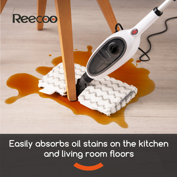 Reccoo cleaning device absorbing oil stain on a wooden floor with brand name displayed.