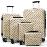 Four-piece hardshell luggage set in beige with a brown repeating monogram pattern, including three spinner-wheel suitcases and one small carry-on, shown on a white background.